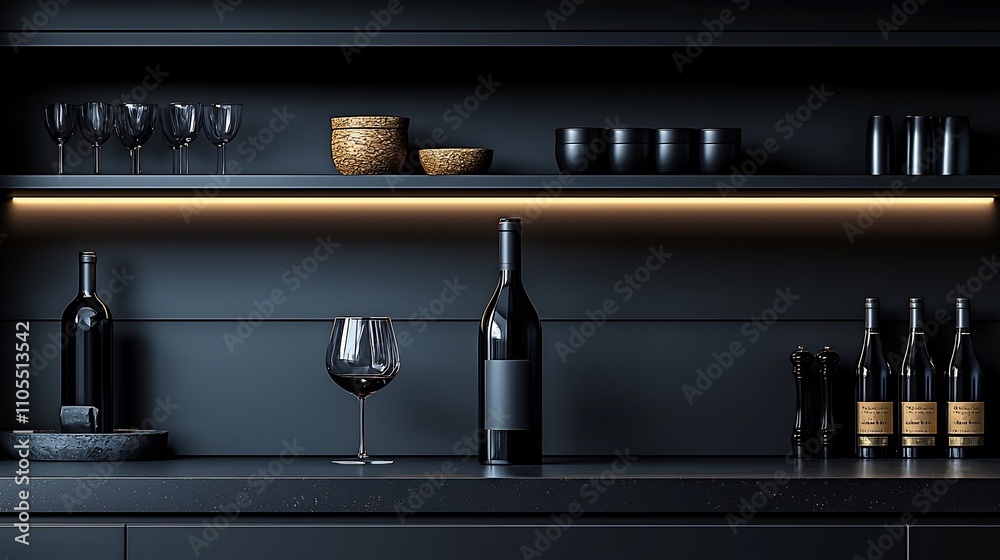 Minimalist Wine Bottle and Glass on Black Countertop with Simplistic Design Minimalist Wine Bottle and Glass on Black Countertop with Simplistic Design
