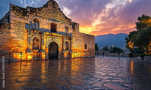 Historic stone building at sunset with reflective pavement.