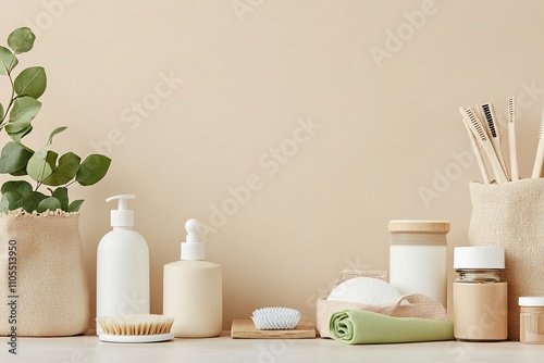 Eco-friendly bathroom accessories on neutral background