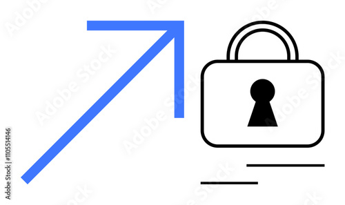 Blue upward arrow next to a padlock symbolizing security and progress. Ideal for cybersecurity, data protection, business growth, secure transactions, privacy, digital strategies, online safety. Line