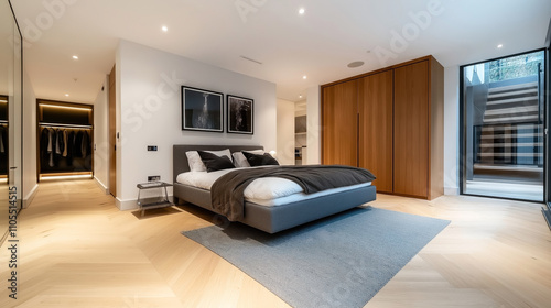 Modern bedroom with large bed, hardwood flooring, open wardrobe, and floor-to-ceiling window with a stairway view