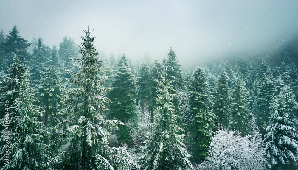 Fototapeta premium frosty pine trees dusted with snow in a mystical green forest