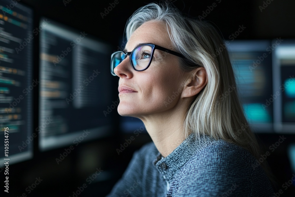 In a dimly lit room, a focused woman wearing glasses looks at multiple screens, symbolizing dedication and precision in the modern technological world. In a dimly lit room, a focused woman wearing glasses looks at multiple screens, symbolizing dedication and precision in the modern technological world.