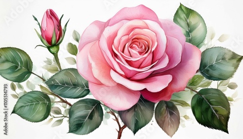 watercolor pink rose flower clipart illustration and rose floral branch with green leaves on white background