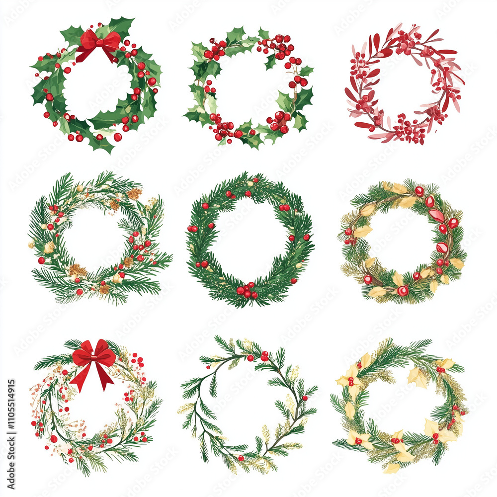 set of Christmas wreaths on a white background. Colorful vector art. set of Christmas wreaths on a white background. Colorful vector art.