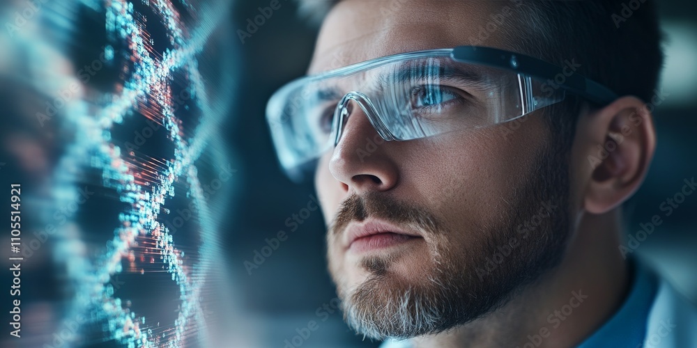 A scientist with glasses wearing a lab coat focuses on data projected on a screen, embodying analytical thought and the pursuit of knowledge in science. A scientist with glasses wearing a lab coat focuses on data projected on a screen, embodying analytical thought and the pursuit of knowledge in science.