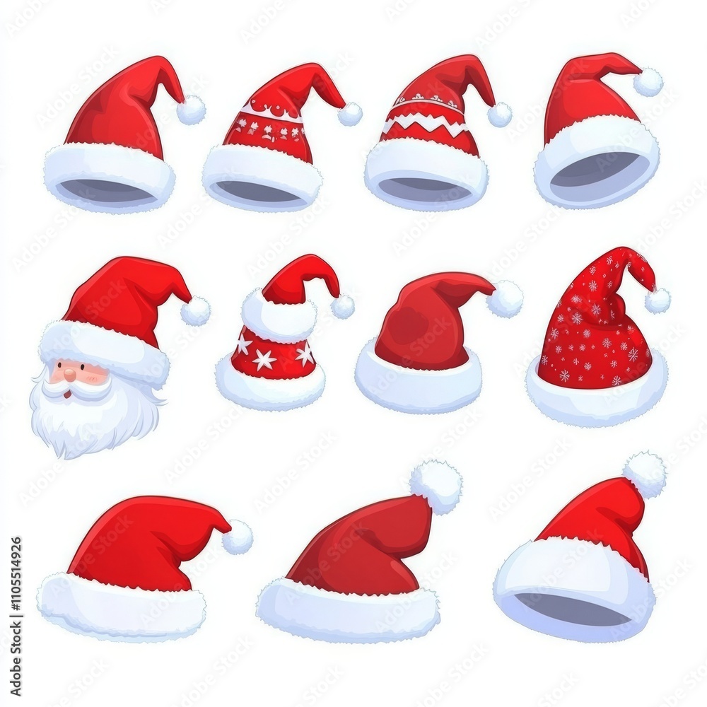 Modern Christmas decoration featuring isolated Santa hats with white fur Modern Christmas decoration featuring isolated Santa hats with white fur