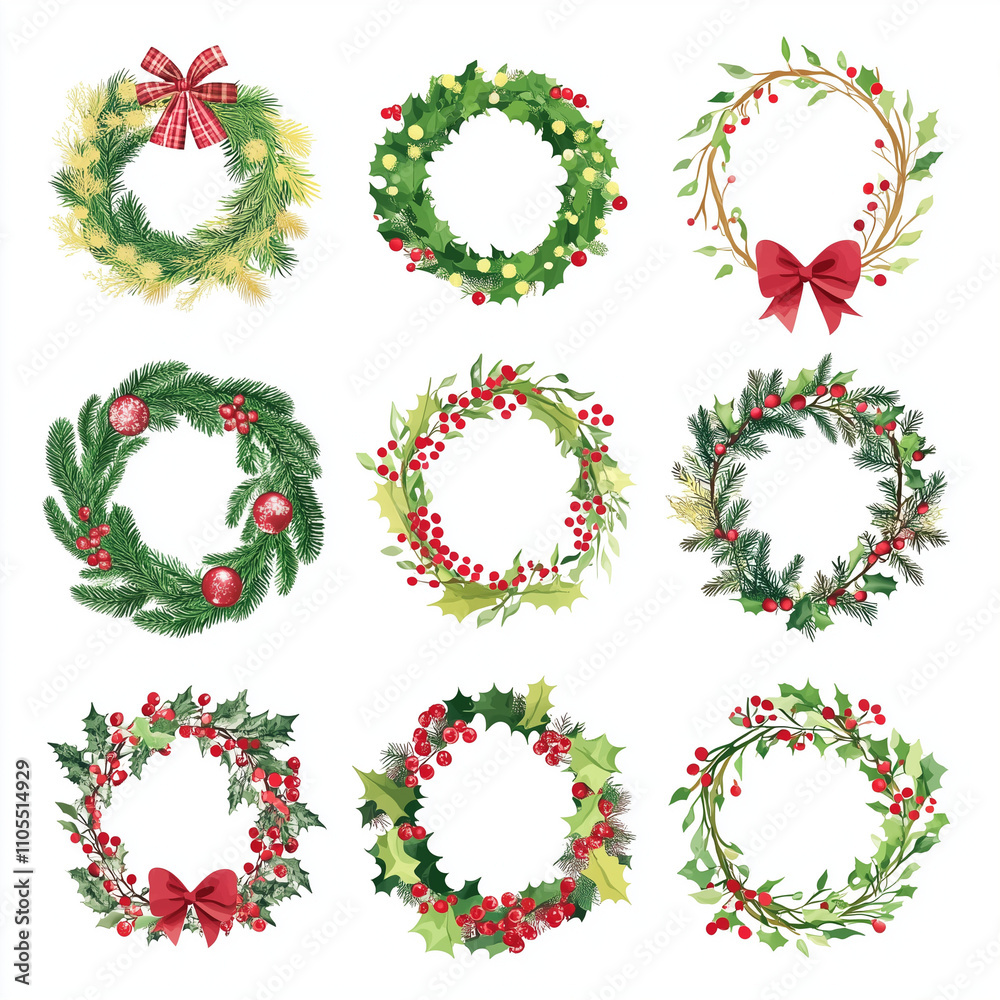 set of Christmas wreaths on a white background. Colorful vector art. set of Christmas wreaths on a white background. Colorful vector art.