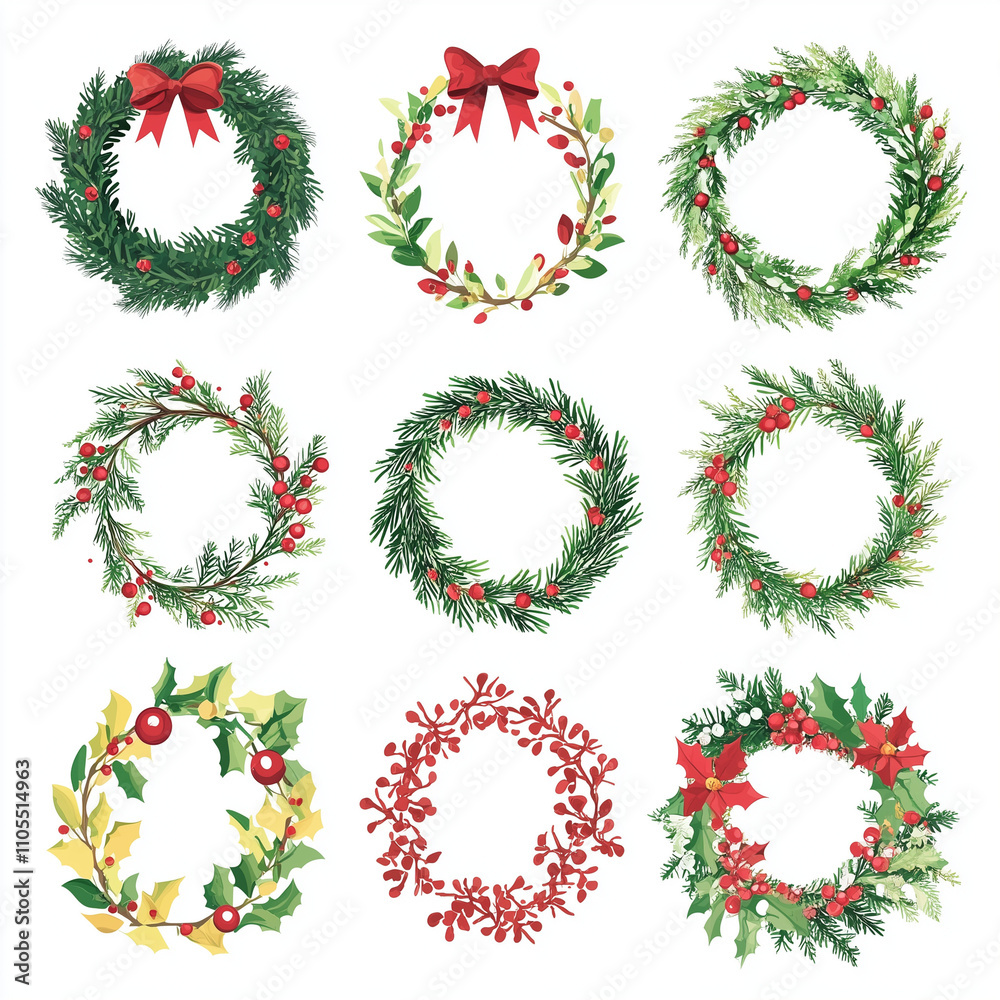 set of Christmas wreaths on a white background. Colorful vector art. set of Christmas wreaths on a white background. Colorful vector art.