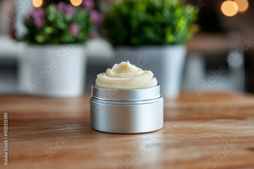 A cylindrical metal tin filled with creamy skincare product sits on a rustic wooden table, fostering a natural and artisanal aesthetic suited for eco-friendly branding. photo