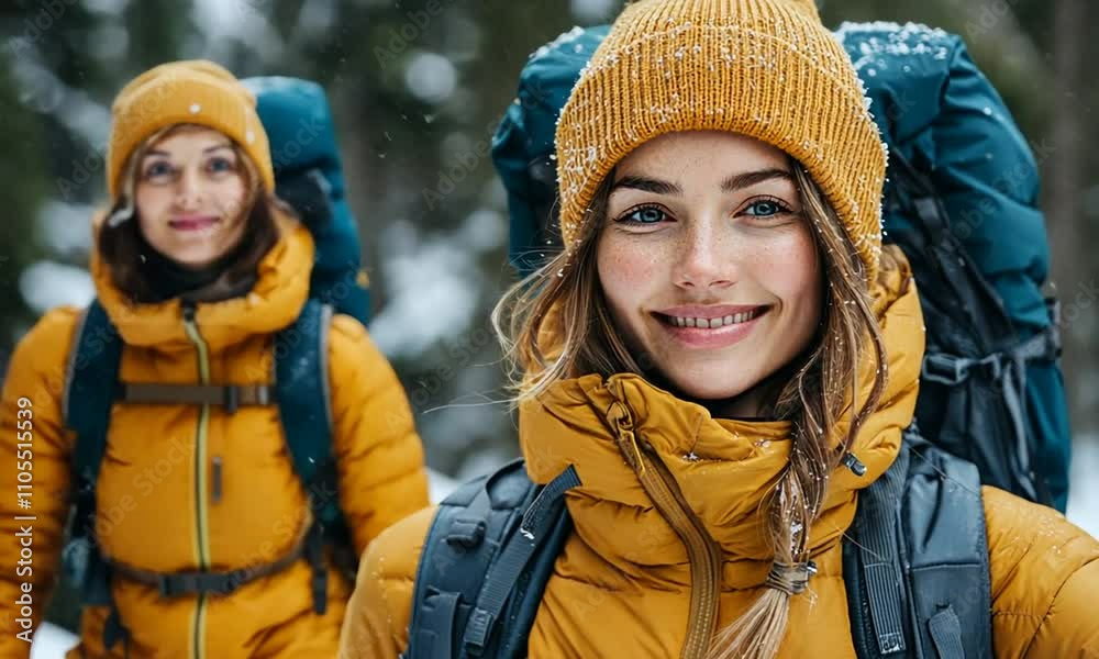 Young hikers in winter gear, enjoying a snowy outdoor adventure. Young hikers in winter gear, enjoying a snowy outdoor adventure.