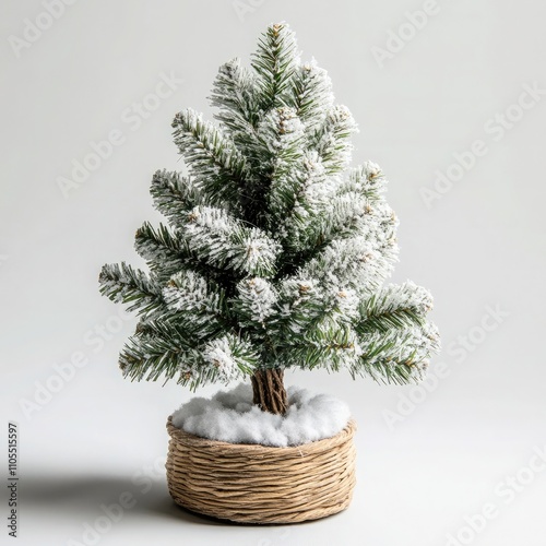 A small, realistic-looking artificial Christmas tree with snow-covered branches in a woven basket is placed