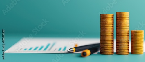 Financial growth insights analyzing coins and graphs in a minimalist office workspace photo