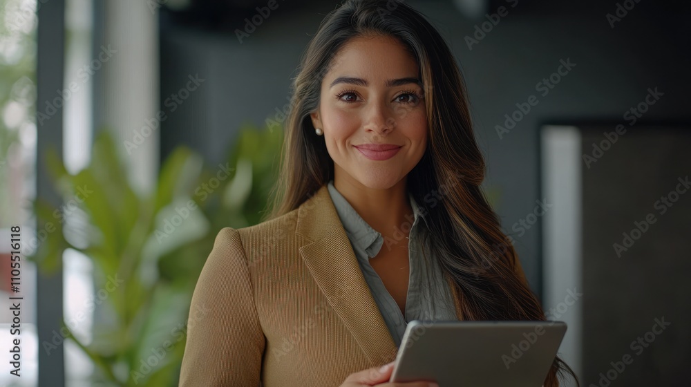 A smiling woman in a blazer holding a tablet, standing in a modern environment. A smiling woman in a blazer holding a tablet, standing in a modern environment.
