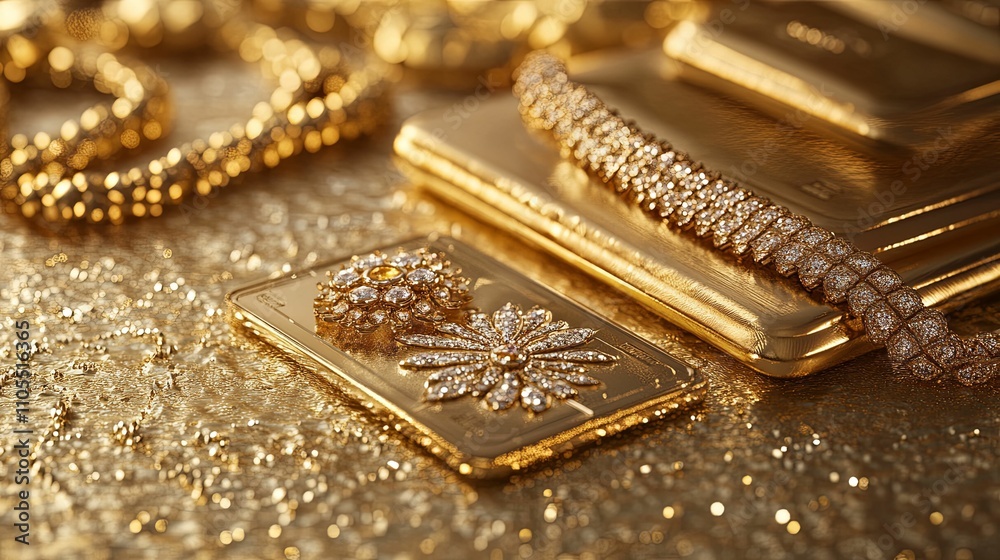 Luxurious Gold Jewelry And Accessories Displayed On Gold Fabric Luxurious Gold Jewelry And Accessories Displayed On Gold Fabric