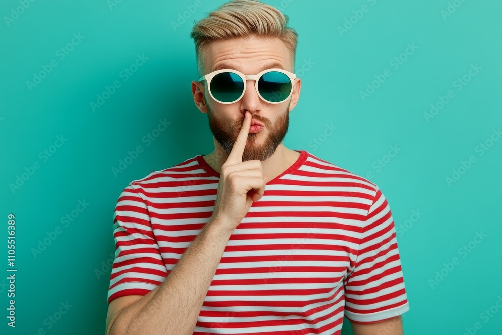 A close-up portrait of the handsome, mysterious Santa with white hair and sunglasses, making a A close-up portrait of the handsome, mysterious Santa with white hair and sunglasses, making a