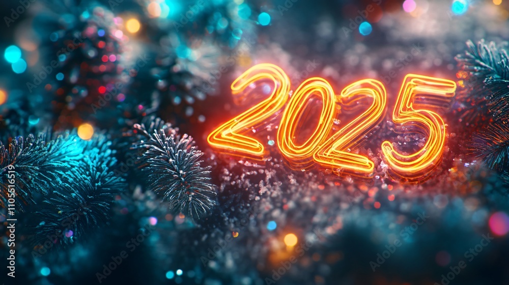 A festive card featuring ‘2025’ glowing in neon lights, set against a dark festive background with subtle snowflakes A festive card featuring ‘2025’ glowing in neon lights, set against a dark festive background with subtle snowflakes