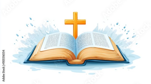 Flat-style cartoon Bible with a golden cross on the cover, isolated on a clean white background.