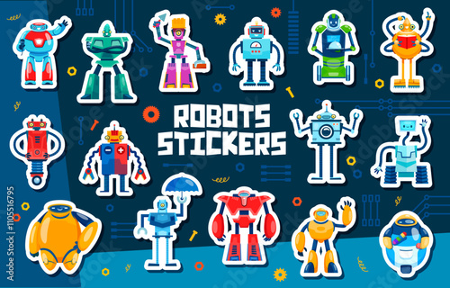 Robot characters stickers of cartoon funny cyborgs and robotic android bots, vector pack set. Retro robot toys stickers of mechanical robotic droids on wheels with face display, laser gun or ice cream