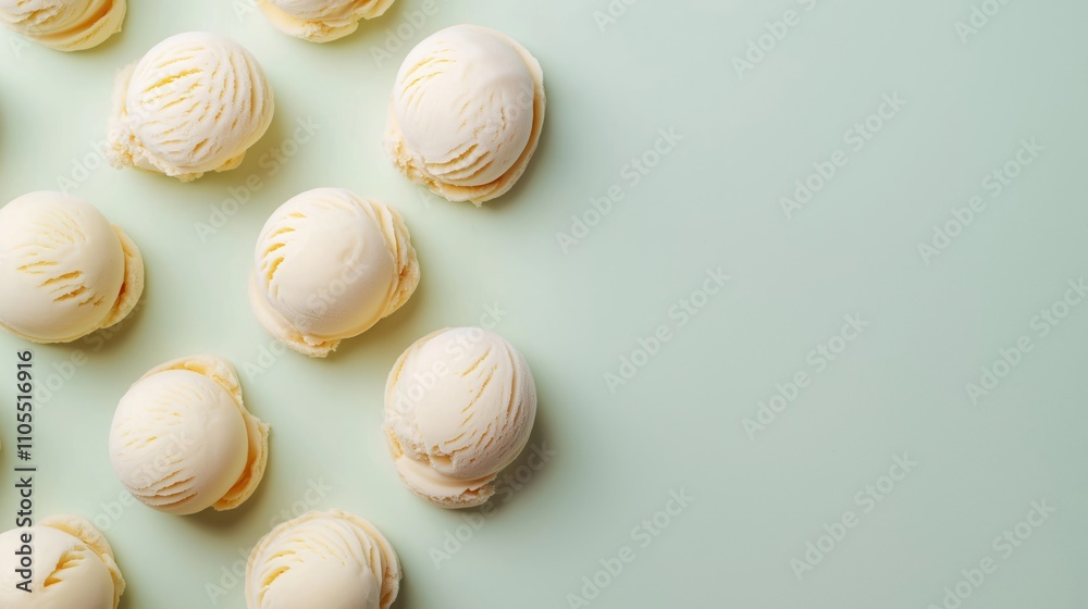 Overhead view of multiple scoops of vanilla ice cream on mint green background. Creamy scoops arranged in geometric pattern with space for text elements. Ice cream displayed attractively for food, Overhead view of multiple scoops of vanilla ice cream on mint green background. Creamy scoops arranged in geometric pattern with space for text elements. Ice cream displayed attractively for food,