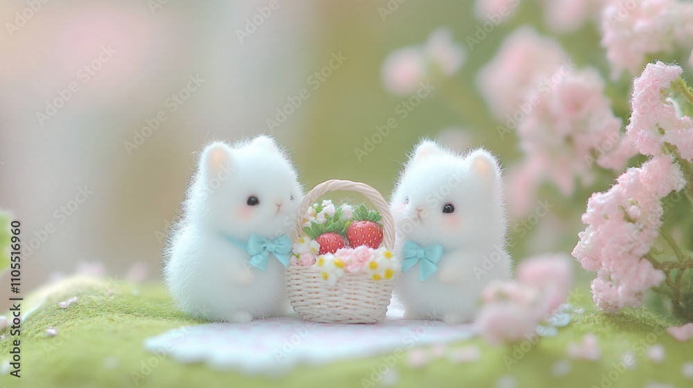 Two fluffy white rabbits with bows, sharing a basket of strawberries and flowers, soft pastel colors, adorable, springtime picnic scene. Two fluffy white rabbits with bows, sharing a basket of strawberries and flowers, soft pastel colors, adorable, springtime picnic scene.