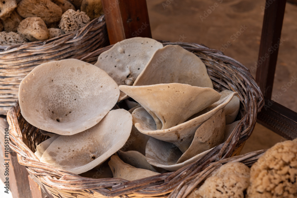 Natural sponges in local market. Symi island. Greece