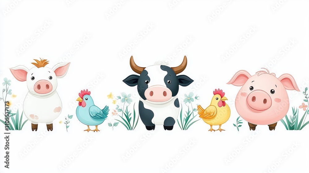 Flat-style vector illustration of a farm animal coloring book page, featuring a cow, pig, and chicken, isolated on a white background. Flat-style vector illustration of a farm animal coloring book page, featuring a cow, pig, and chicken, isolated on a white background.