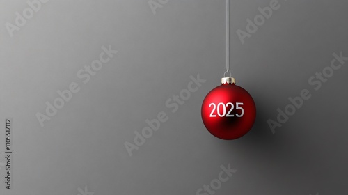 A minimalistic Christmas card featuring ‘2025’ in bold white text, with a single red ornament hanging below on a gray background photo