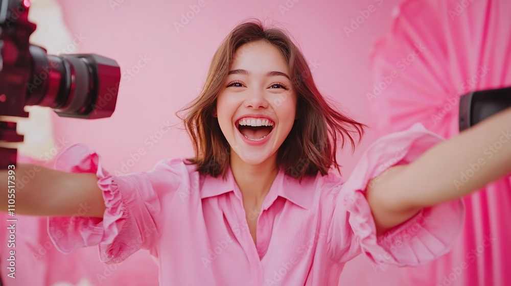 Excited woman taking selfie with camera in pink studio. Excited woman taking selfie with camera in pink studio.