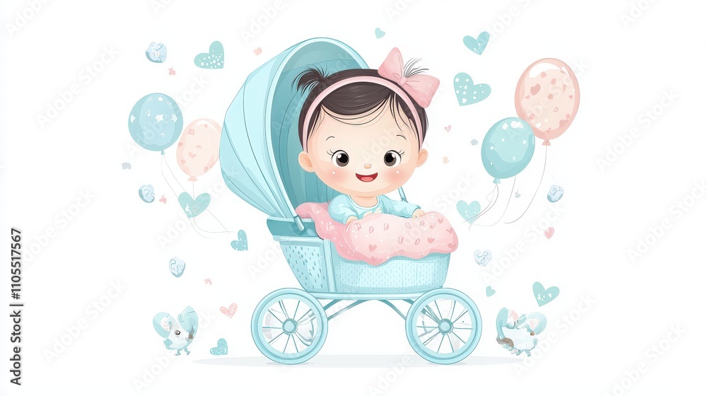 Fototapeta premium Flat-style vector of a baby girl in a stroller with a soft pink blanket, isolated on a white background.