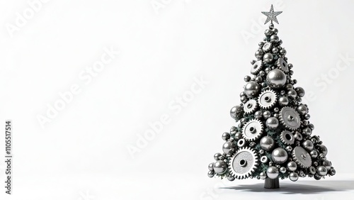 A dynamic Christmas tree made from an assortment of gears, nuts, bolts, and mechanical tools, arranged with a modern and structured look. The background is a clean, soft white
