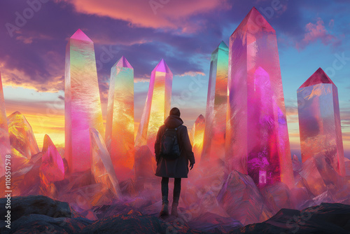 person stands before tall, colorful crystal structures against a colorful sunset sky photo