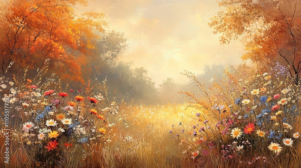 Autumn Meadow Landscape With Wildflowers And Trees