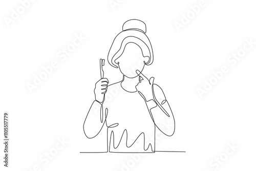 Single continuous line drawing of Woman maintaining healthy teeth with toothbrush, dental concept. Dynamic single line draw design graphic vector illustration. 