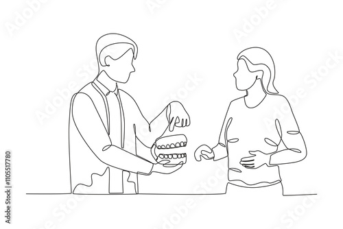 Single continuous line drawing of Dentist explaining about dentures to patient, dental concept. Dynamic single line draw design graphic vector illustration. 