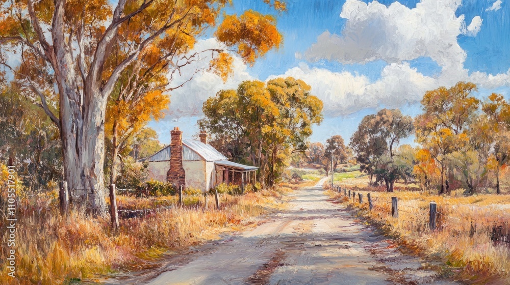 A serene rural landscape featuring a dirt road, autumn trees, and a quaint house. A serene rural landscape featuring a dirt road, autumn trees, and a quaint house.