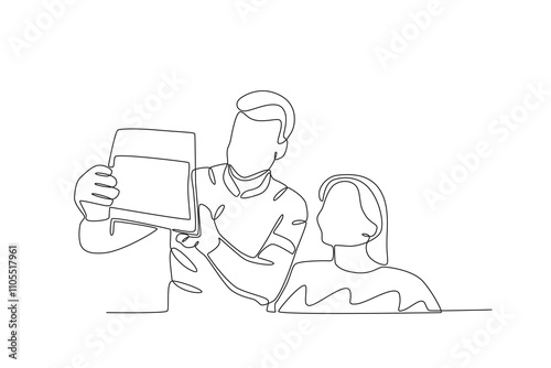 Single continuous line drawing of Dentist showing patient examination results, dental concept.  Dynamic single line draw design graphic vector illustration.
