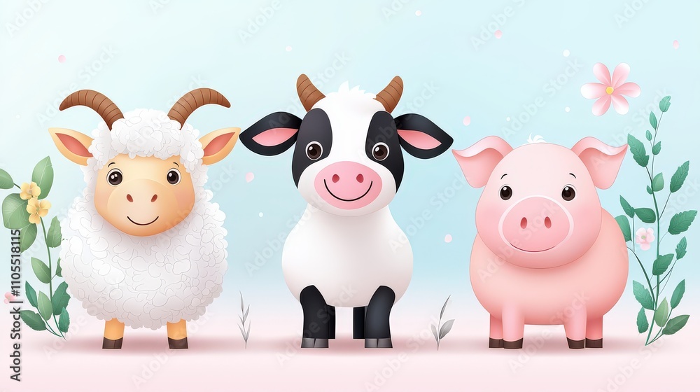Minimalist flat-style vector of a farm animal coloring page with a goat, sheep, and pig, isolated on a white background. Minimalist flat-style vector of a farm animal coloring page with a goat, sheep, and pig, isolated on a white background.