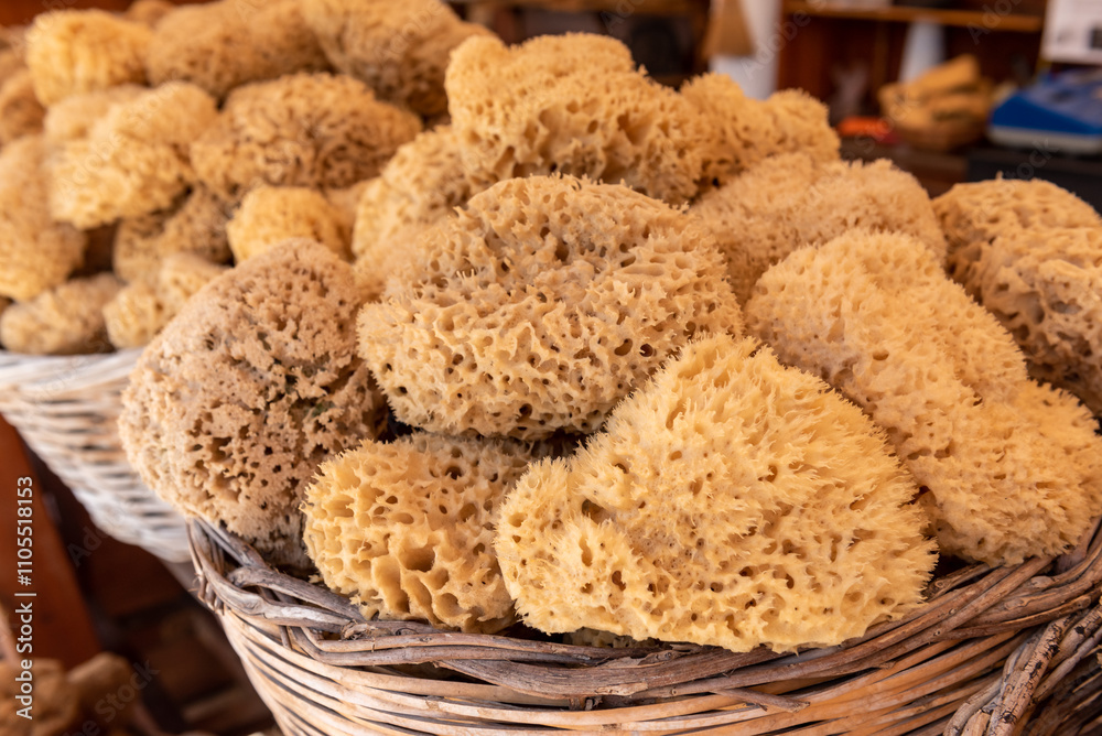 Natural sponges in local market. Symi island. Greece