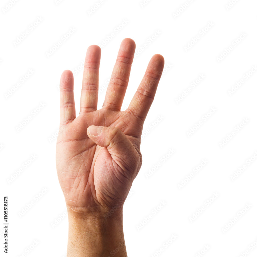 Adult male hand showing number four gesture isolated on white