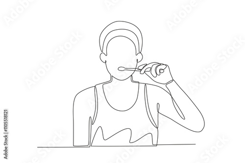Single continuous line drawing of Man maintaining healthy teeth with toothbrush, dental concept.  Dynamic single line draw design graphic vector illustration.
