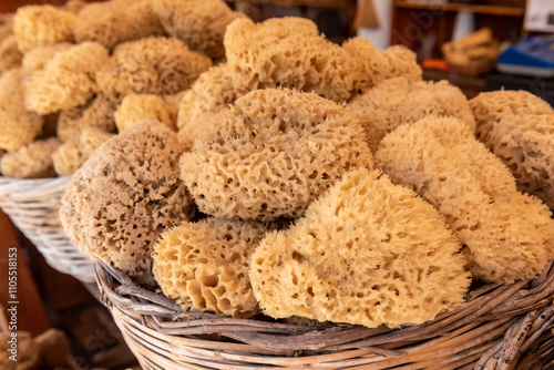 Obraz na płótnie Natural sponges in local market. Symi island. Greece w salonie