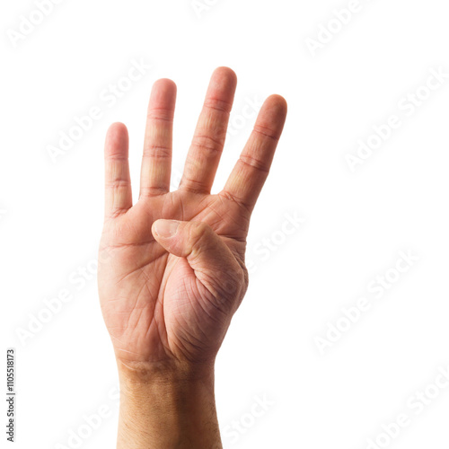 Obraz na płótnie Adult male hand showing number four gesture isolated on white w salonie