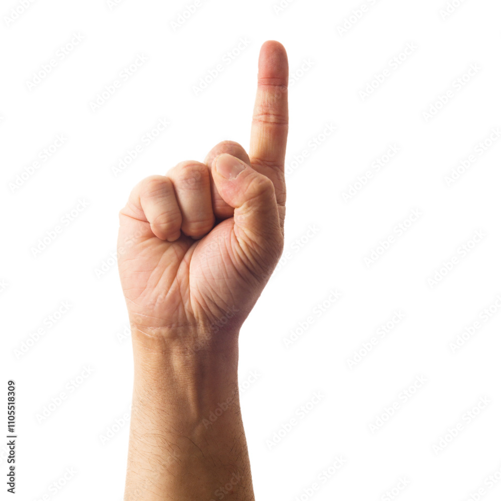 Adult male hand showing one finger up gesture isolated on white