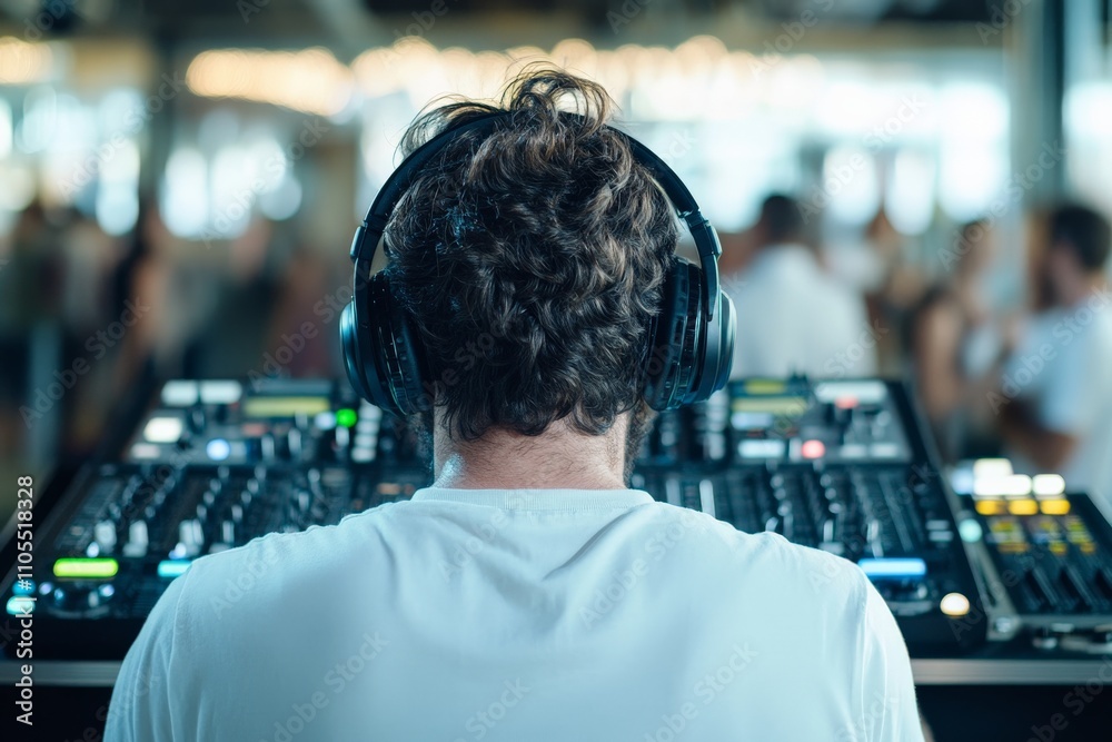 A DJ wearing headphones is depicted using equipment to mix music at a vibrant event venue with a lively crowd, representing energy, skill, and entertainment.