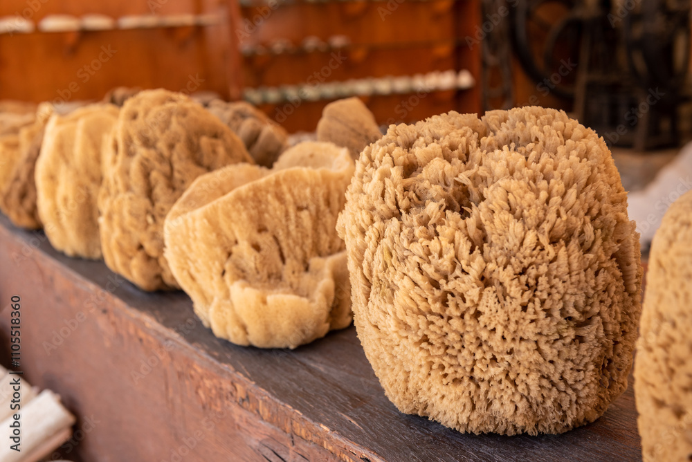 Natural sponges in local market. Symi island. Greece