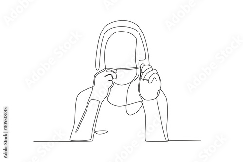 Single continuous line drawing of Woman cleaning her teeth using floss, dental concept.  Dynamic single line draw design graphic vector illustration.
