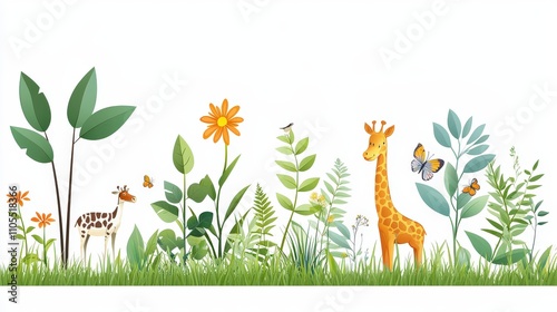 Wallpaper Mural Simple flat-style vector of a jungle scene, featuring trees, leaves, and wildlife, isolated on a white background. Torontodigital.ca