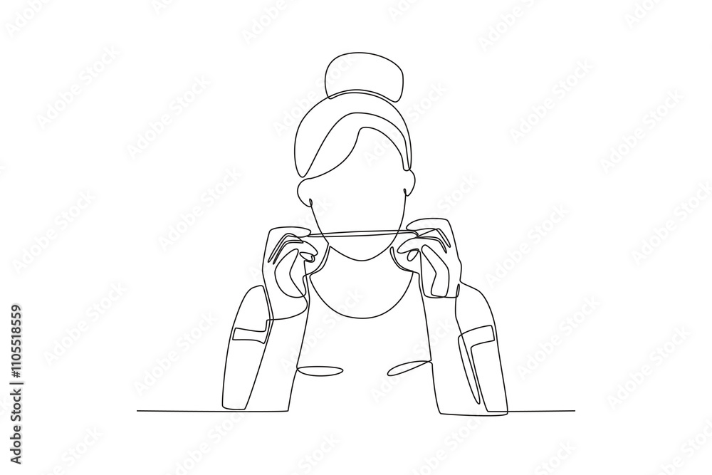 Single continuous line drawing of Woman cleaning her teeth using floss, dental concept. Dynamic single line draw design graphic vector illustration.
Single continuous line drawing of Woman cleaning her teeth using floss, dental concept. Dynamic single line draw design graphic vector illustration.
