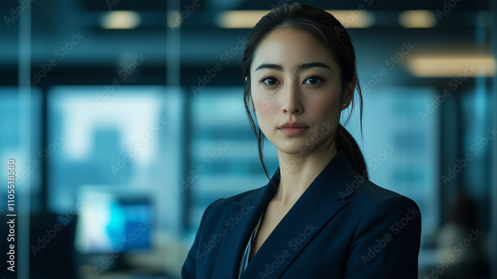 Obraz premium モダンなオフィスで自信を持つ日本人女性ビジネスパーソン